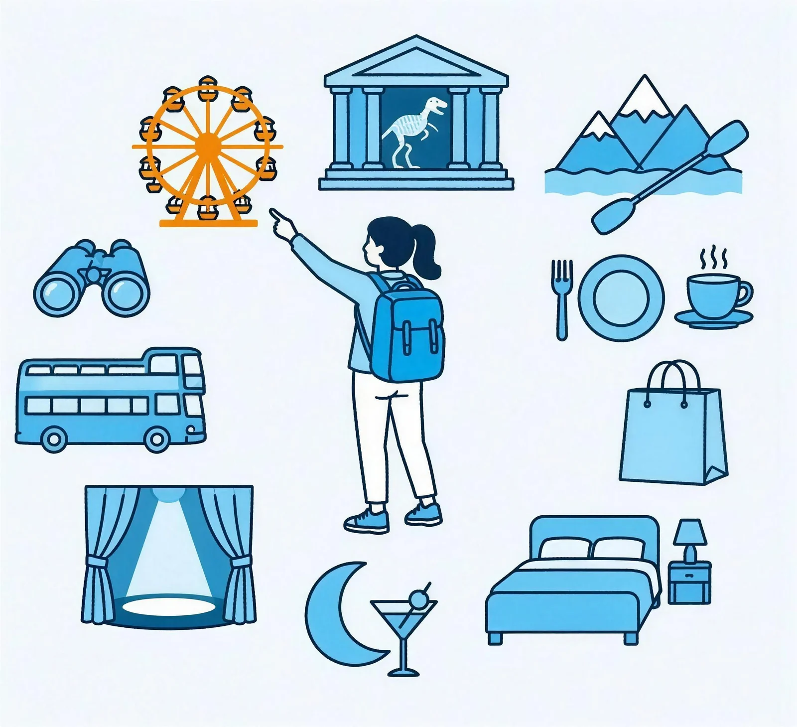 A traveler pointing at a ferris wheel, surrounded by the things a trip can be: a museum, a mountain and a paddle, a plate and a coffee, a shopping bag, a bed, a cocktail under a moon, a stage, a tour bus, binoculars.