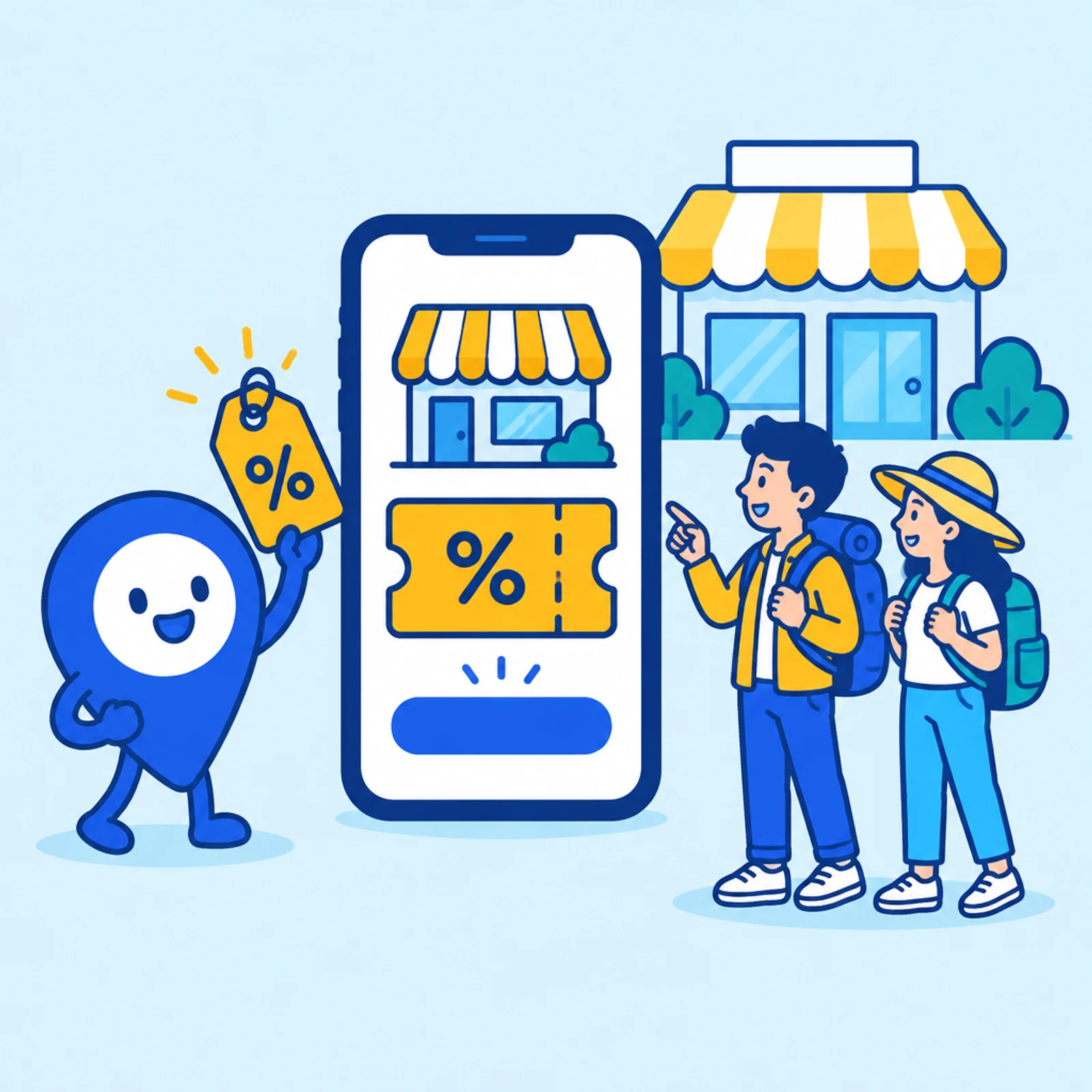 Fun, the VisitorFun mascot, holding up a gold deal tag beside a phone showing a coupon, two travelers pointing at it in front of a shop.