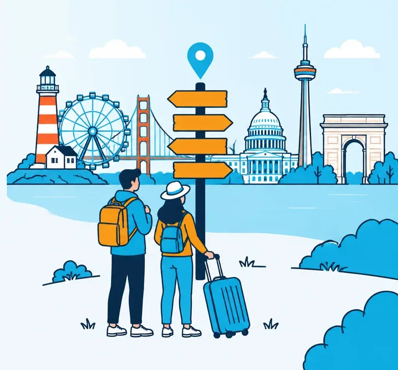 Two travelers with a suitcase at a signpost, with a lighthouse, a ferris wheel, a bridge tower, a capitol dome, a needle tower and an arch drawn behind them.