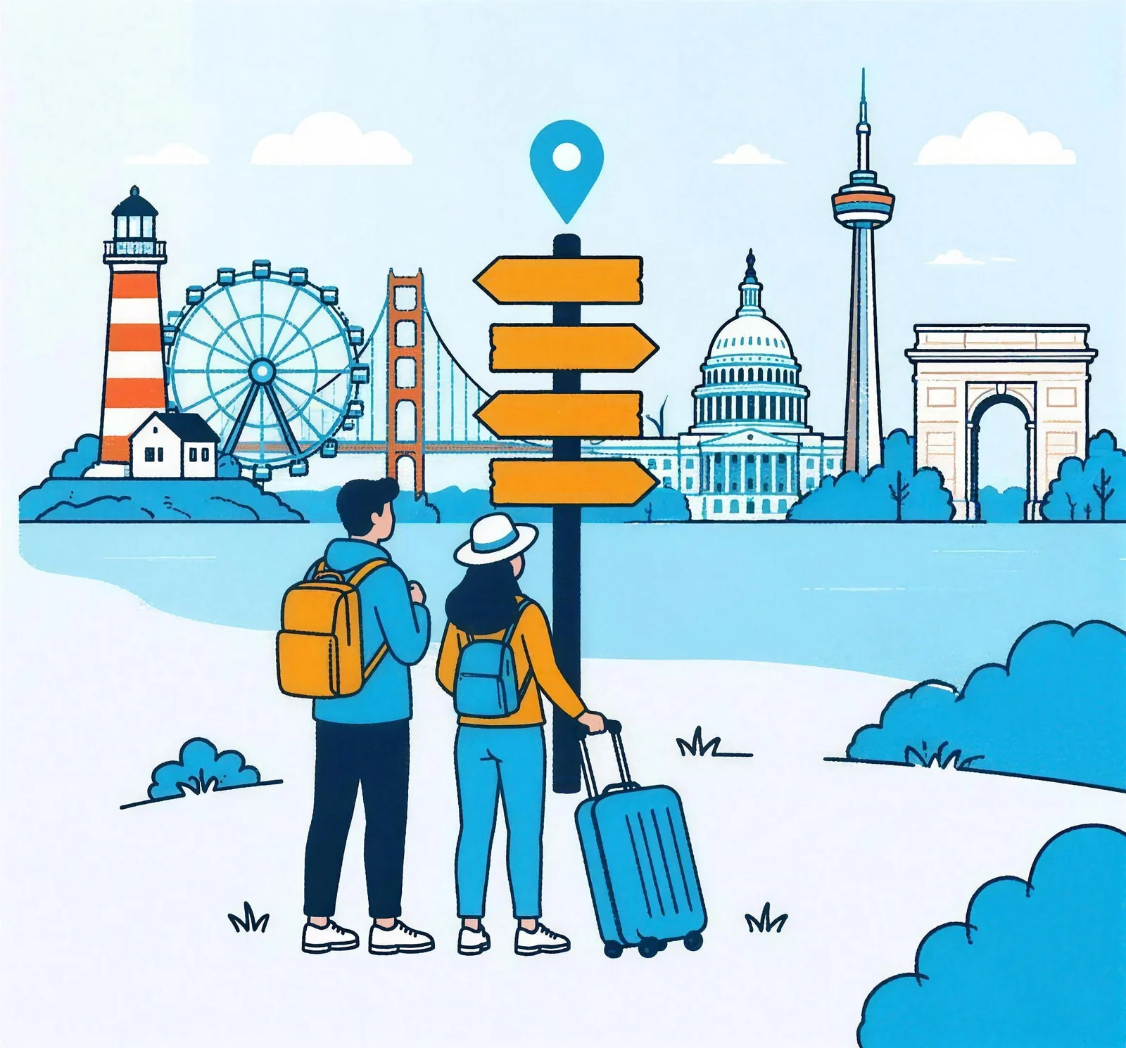 Two travelers with a suitcase at a signpost, with a lighthouse, a ferris wheel, a bridge tower, a capitol dome, a needle tower and an arch drawn behind them.