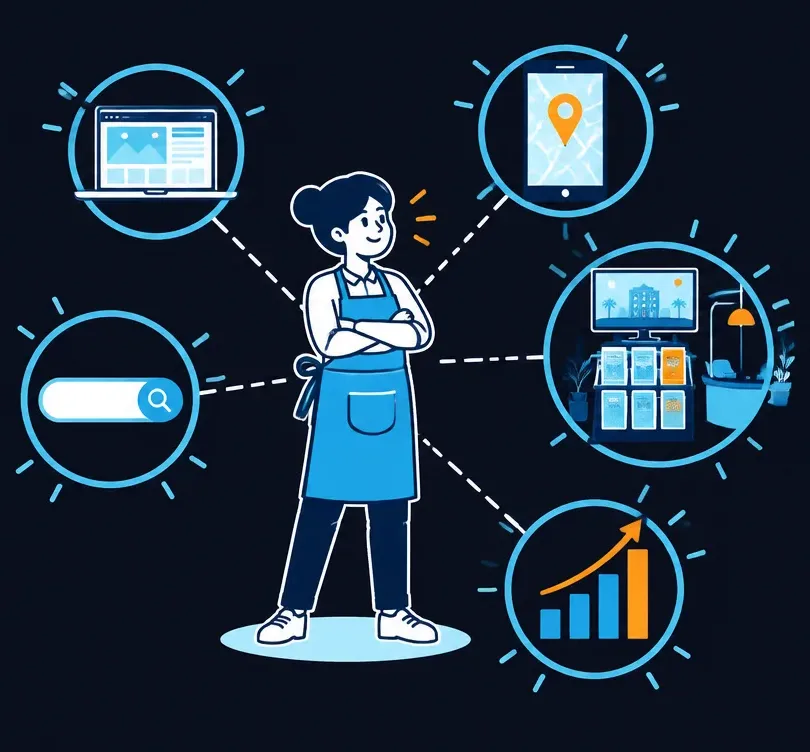 A business owner at the centre of a diagram linking a website, a phone map, a search bar, a storefront screen and a rising chart.