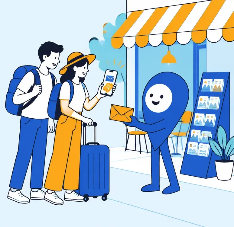 Two travelers on a city sidewalk reading a deal on a phone while the VisitorFun pin hands them an envelope, a cafe with a striped awning behind them.