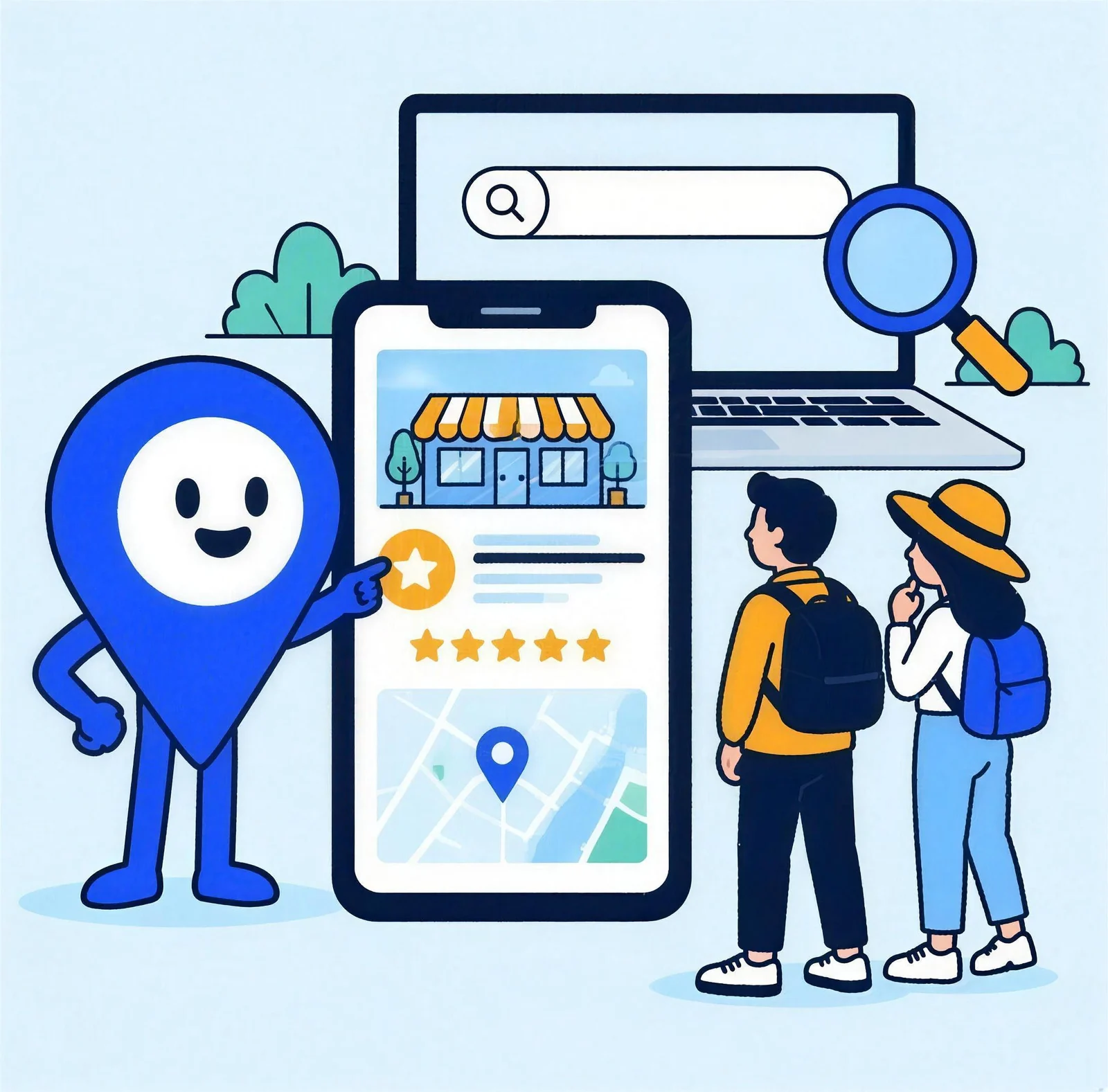 Fun, the VisitorFun mascot, beside a phone showing a business profile with a star badge and a map, two travelers reading it.