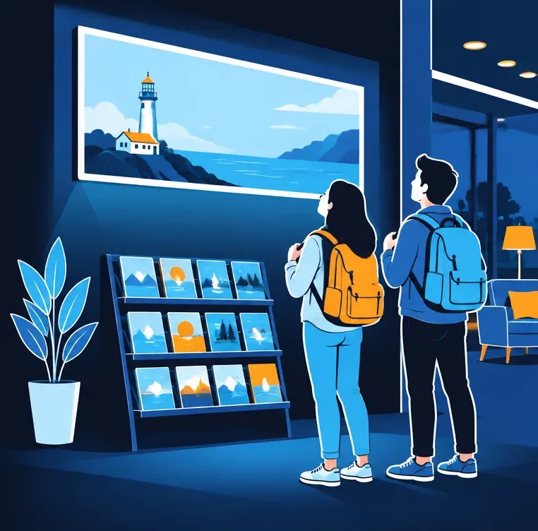 A lobby wall at evening with a glowing digital header above a full brochure rack and two travelers looking up at it.