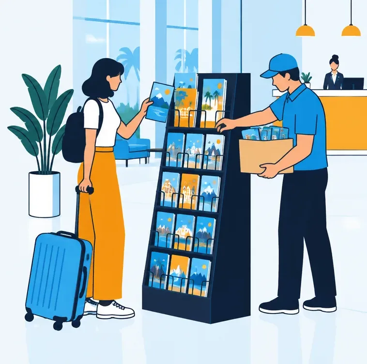 A traveler picking a brochure from a lobby rack while a CTM driver restocks it.