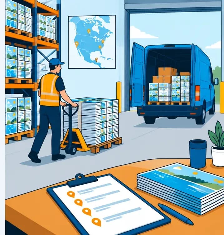 A distribution warehouse: pallets of brochures on racking, a worker moving one with a hand truck, a van at the loading dock and a wall map of North America.